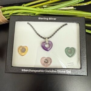 Sterling Silver Heart Interchangeable Genuine Stone Set Diamond Accent Necklace